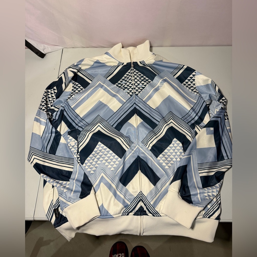 Y2K-era Sean John geometric pattern zip-up track jacket White & Blue